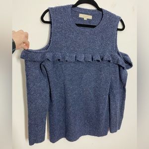 LOFT Size Large Navy Crew Neck Ruffle Detail Cold Shoulder Long Sleeve Sweater